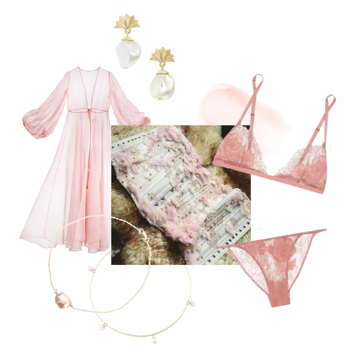 outfit set: rosy lace triangle bra and string bikini; voluminous sheer chiffon dressing gown; white underbust corset with lace applique, pearls, and layers of rosy chiffon petals; dangly freshwater pearl earrings with gold base; a gold chain anklet featuring a single large, irregular, petal-pink pearl; a gold chain anklet with several dangling pearl charms